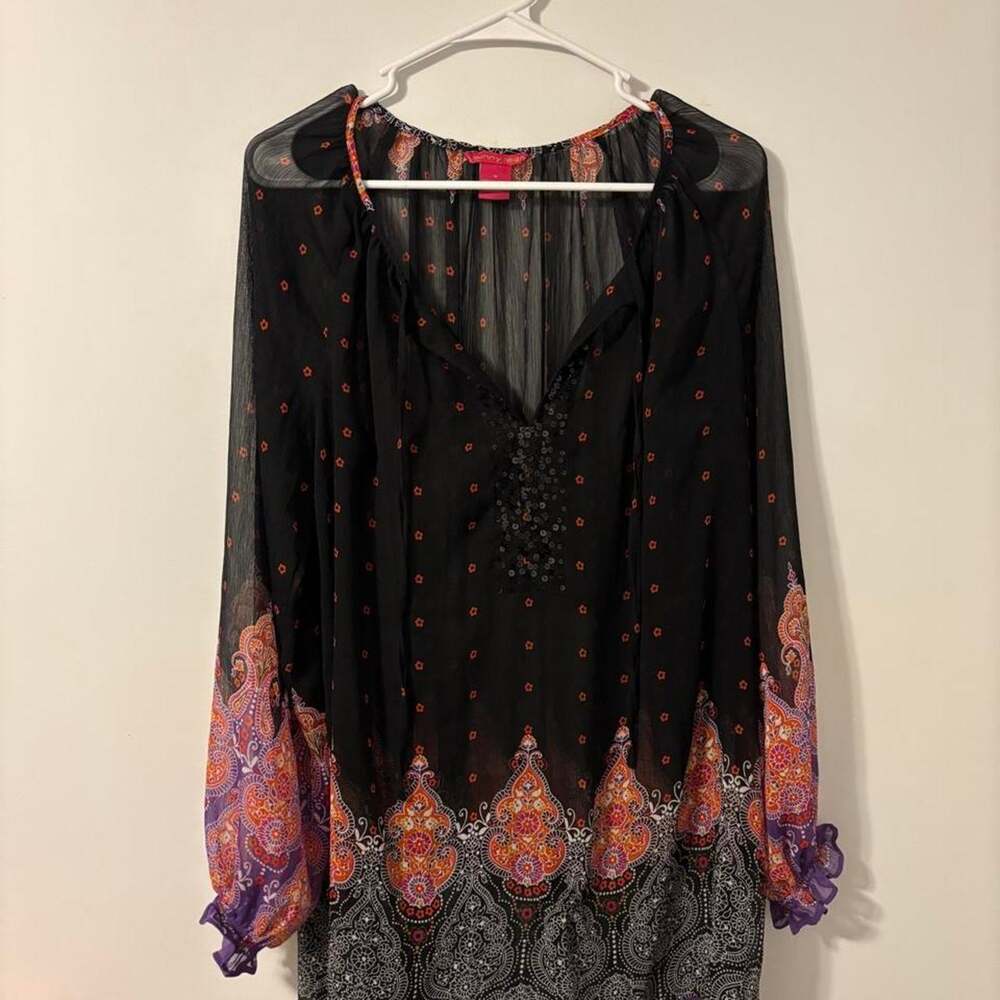 Sunny Leigh Women’s Sheer Black Orange Multicolored Blouse Size M